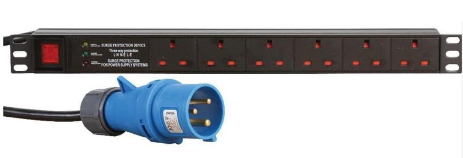 PDU-6WS-H-SP-16CMDO: 6 Way Horizontal Surge Protected 16A Commando Rack ...